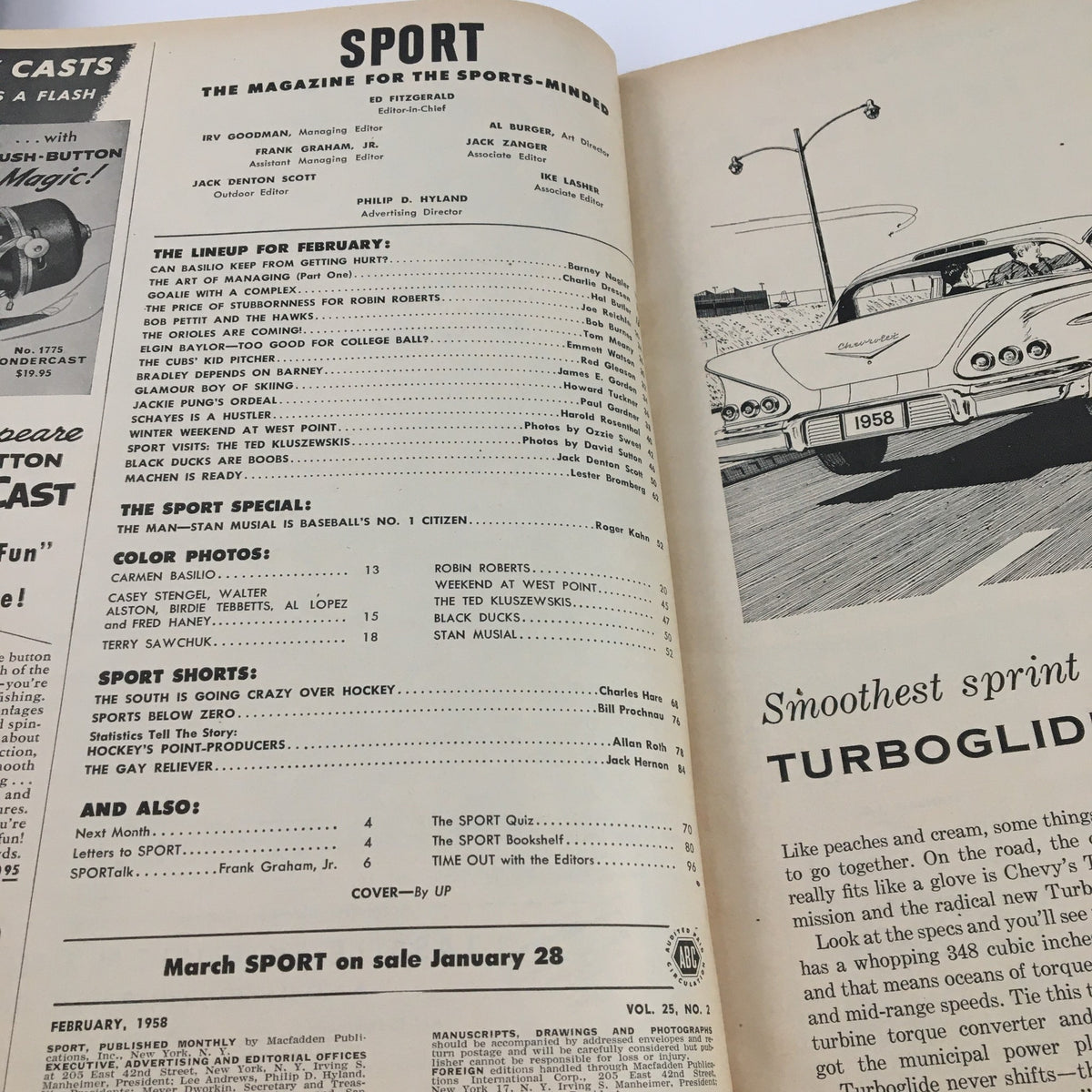 Inside page of Sport Magazine February 1958 displaying the table of contents and articles, highlighting features on prominent athletes like Robin Roberts and sports events.