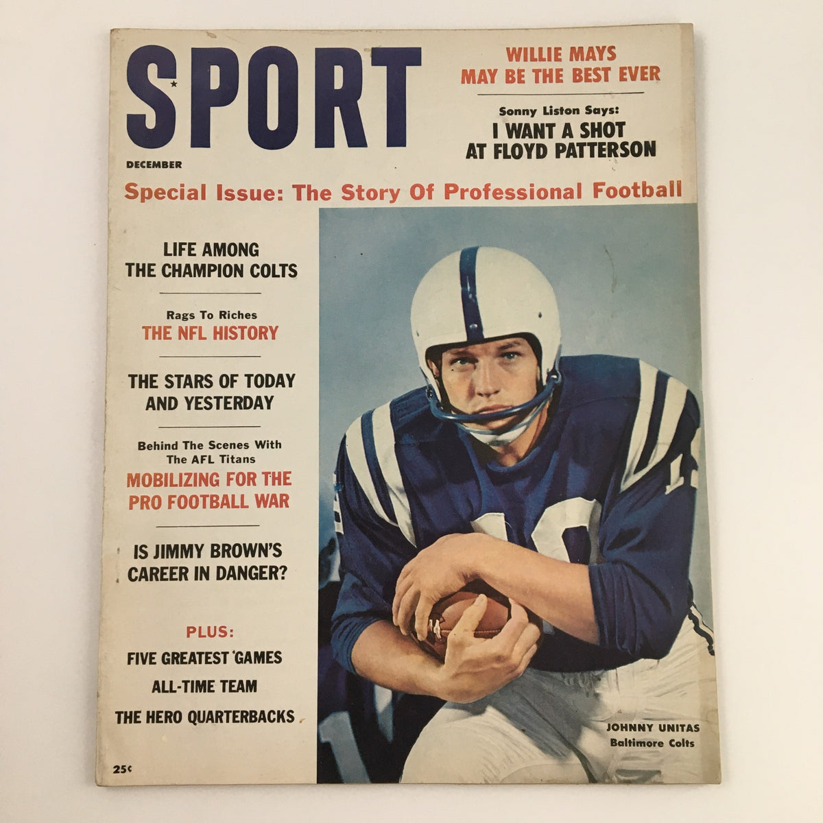 Cover of Sport Magazine December 1960 featuring Johnny Unitas of the Baltimore Colts, highlighting the special issue on professional football.