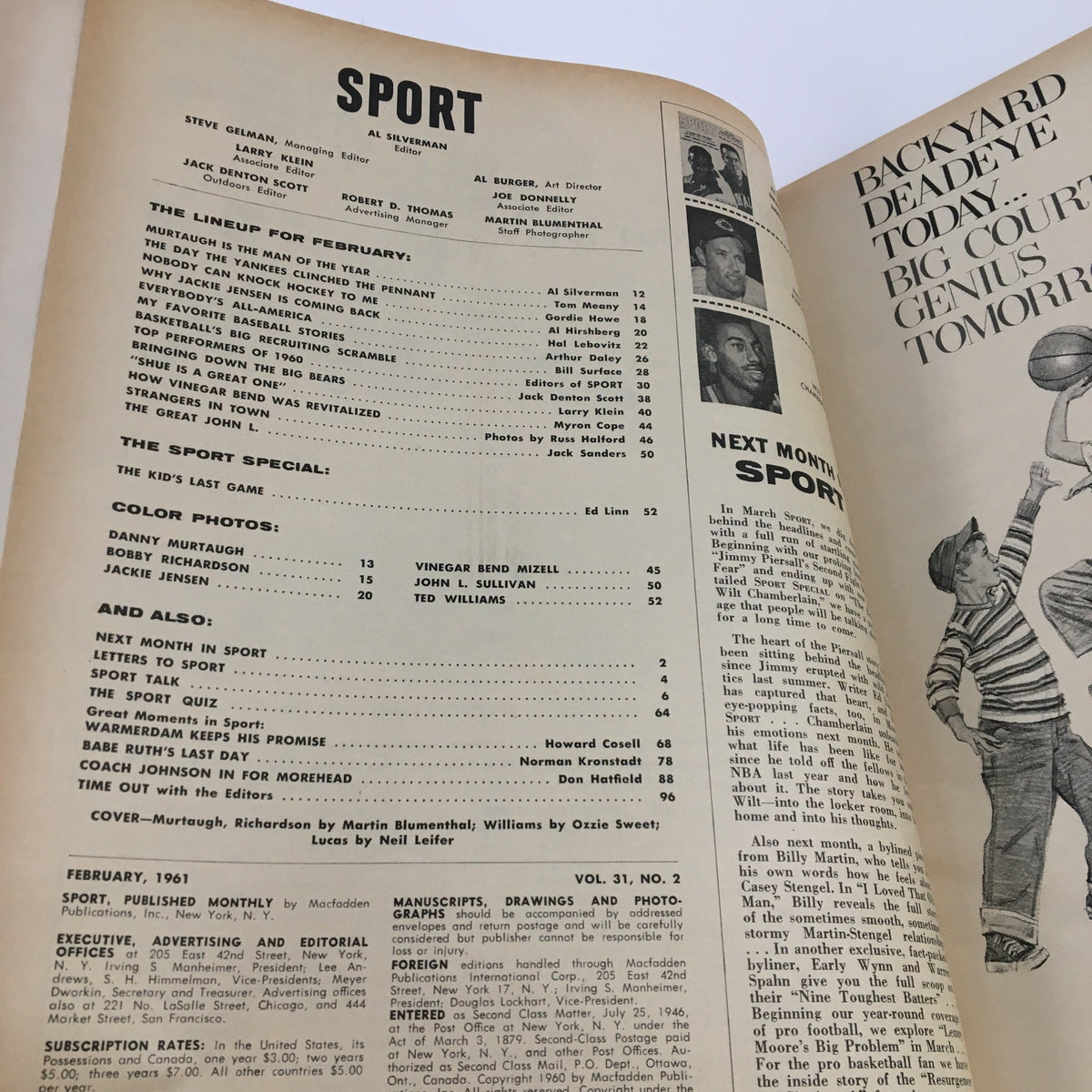 Inside pages of the Sport Magazine February 1961 showcasing the Table of Contents with features on Danny Murtaugh, Ted Williams, and Bobby Richardson, reflecting the magazine's sports culture.