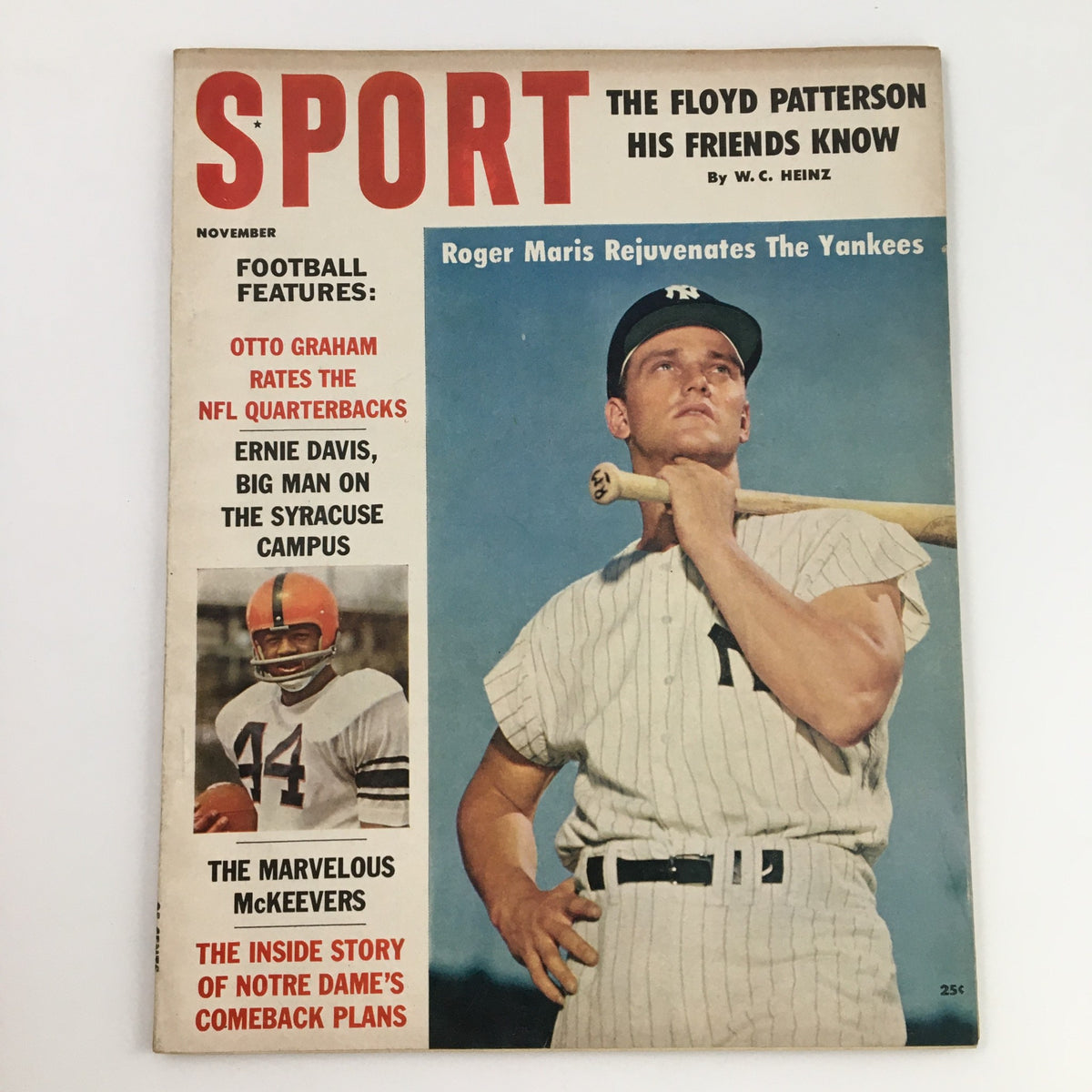 Cover of Sport Magazine November 1960 featuring Roger Maris, Otto Graham, and Ernie Davis, showcasing articles about sports legends and football analysis.