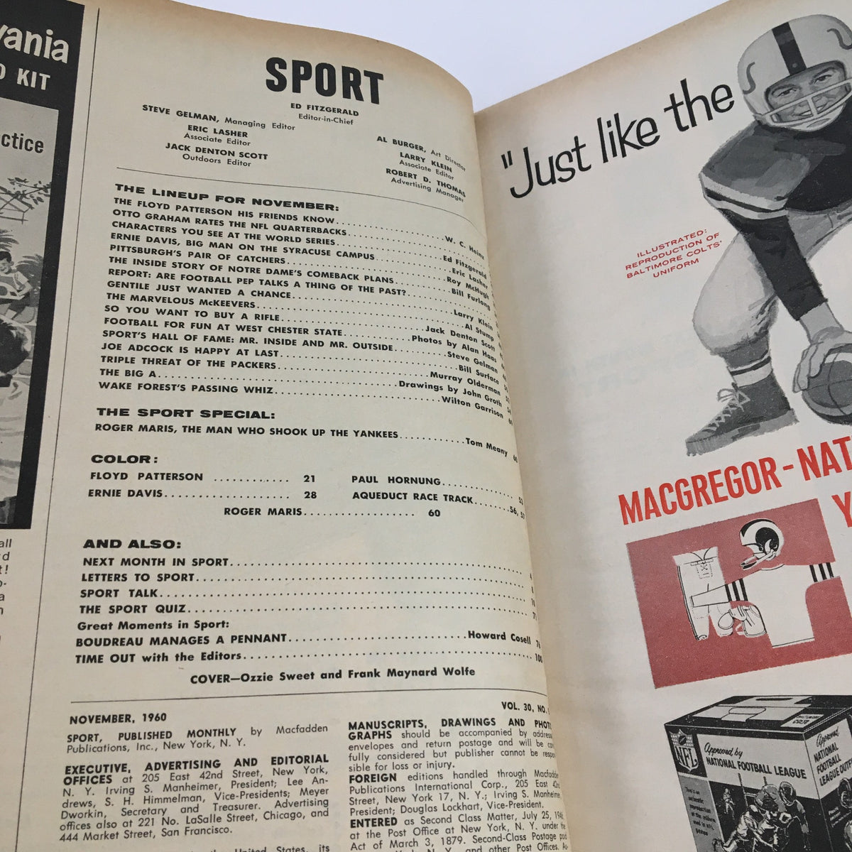 Inside page of Sport Magazine November 1960 displaying the table of contents and features on Roger Maris, Otto Graham, and Ernie Davis.