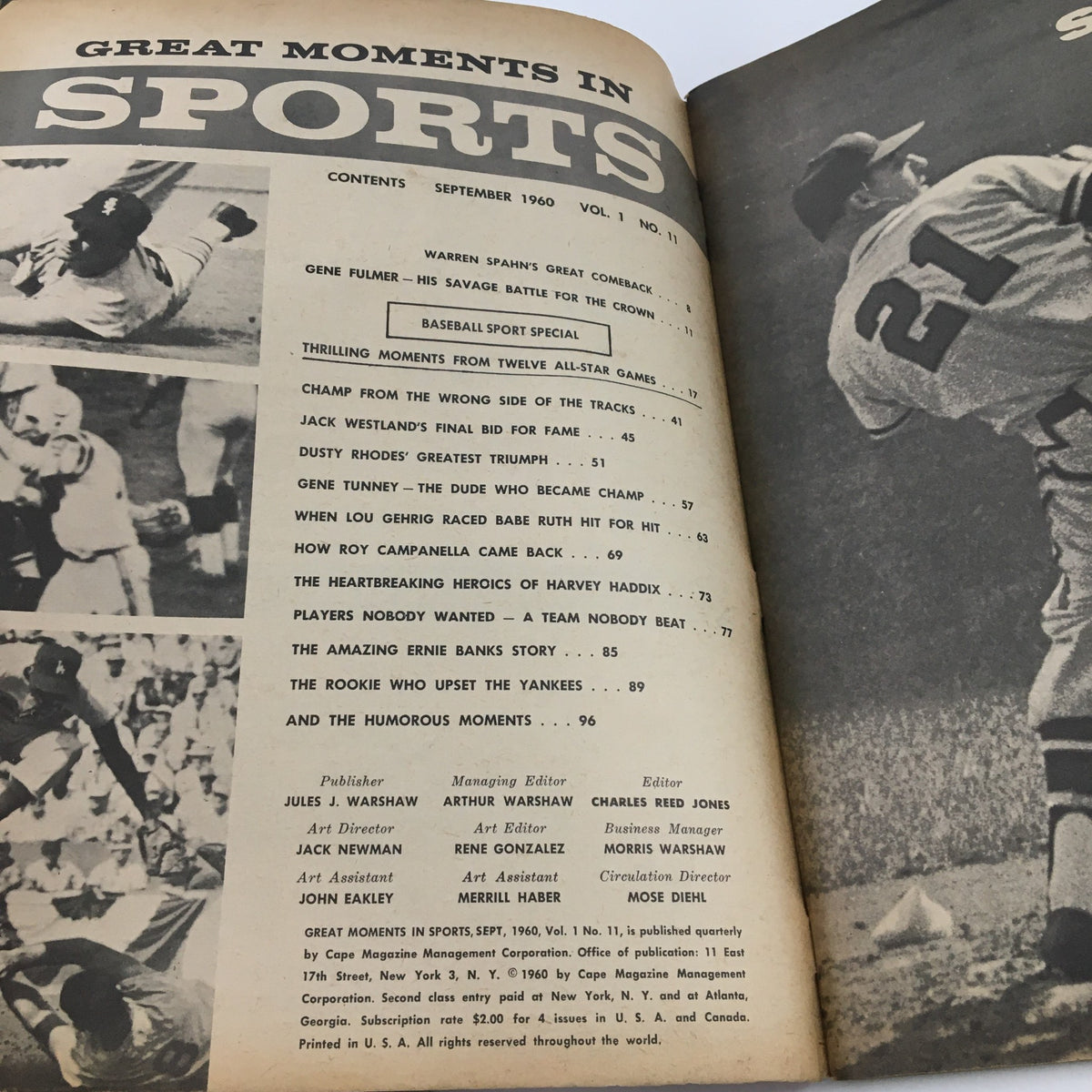 Interior page of Sport Magazine September 1960 featuring the table of contents highlighting great moments in sports, including notable articles like Warren Spahn's great comeback and Jack Westland's final bid for fame.