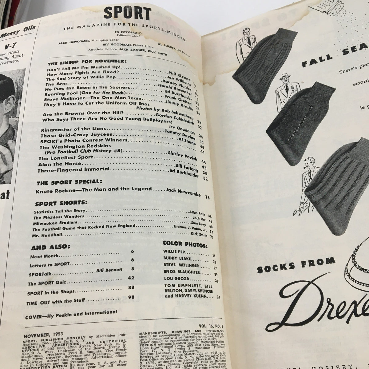 Interior page of Sport Magazine November 1953, displaying the table of contents, illustrating the rich history and diverse topics covered in this vintage sports magazine.
