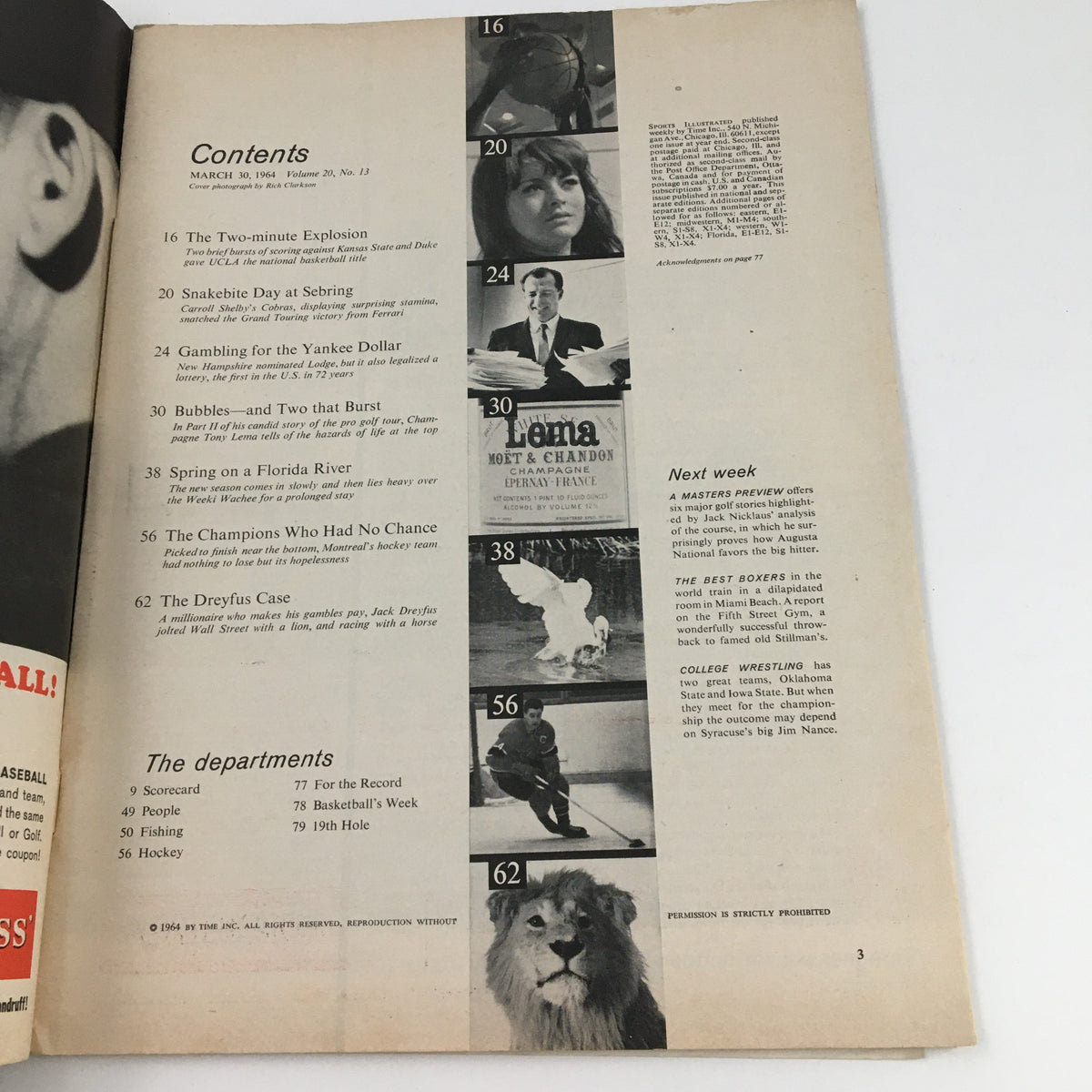 Sports Illustrated Magazine March 30 1964 Contents Page, detailing articles including sports highlights and cultural insights from the era.