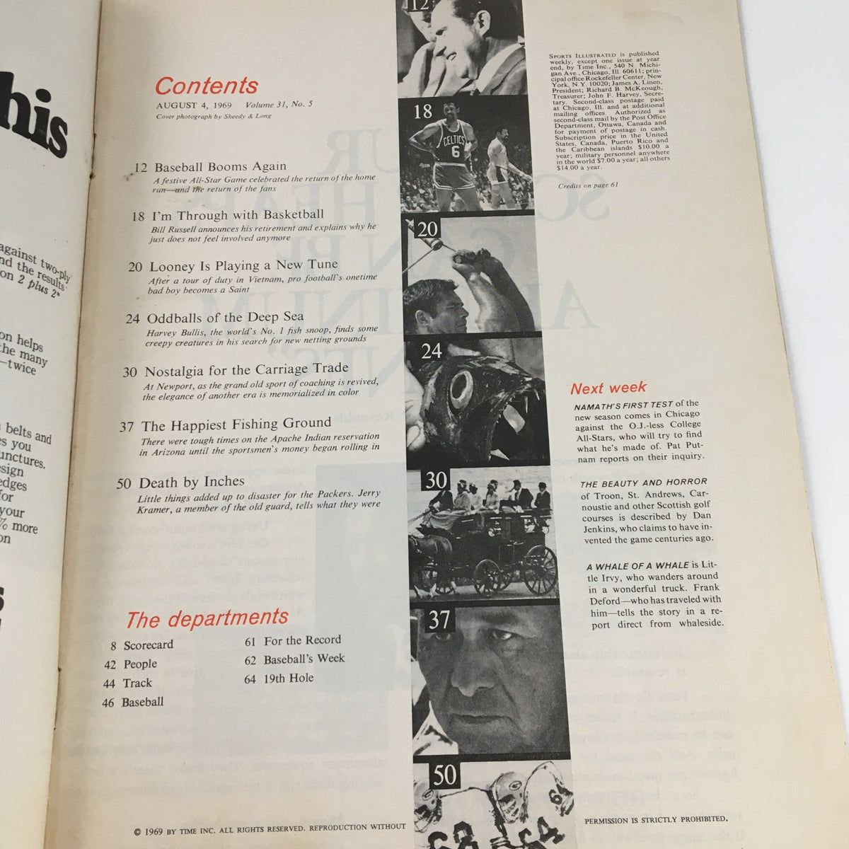 Contents page from Sports Illustrated Magazine August 4 1969 featuring Bill Russell Through With Basketball. This layout includes article headings and photographs relevant to sports, including baseball and basketball, highlighting sections such as I’m Through with Basketball, Looney is Playing a New Tune, and Nostalgia for the Carriage Trade.