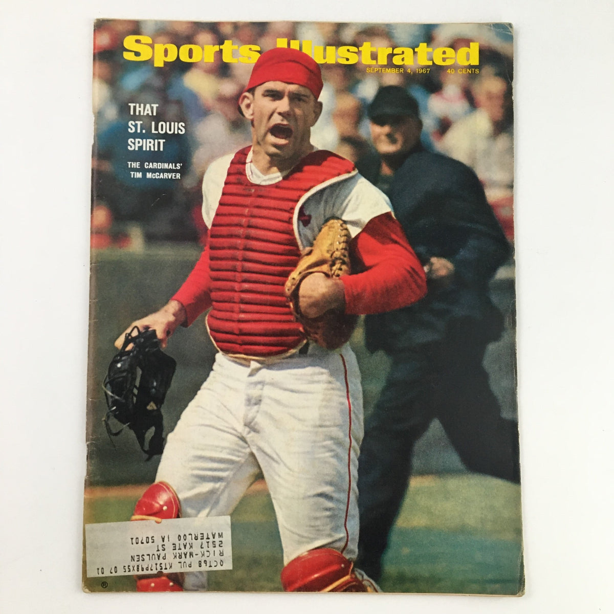 Sports Illustrated Magazine September 4 1967 cover featuring Tim McCarver of the St. Louis Cardinals in a vibrant action pose.