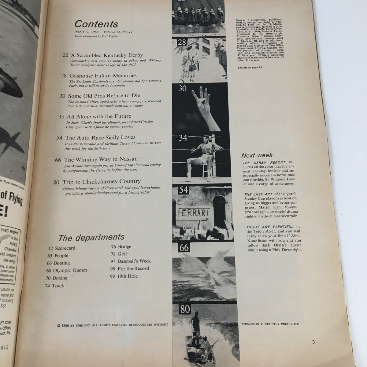 Contents page of Sports Illustrated Magazine, May 9, 1966, showcasing articles including a focus on Kentucky Derby, sports history, and more, highlighting the publication's diverse sports coverage.
