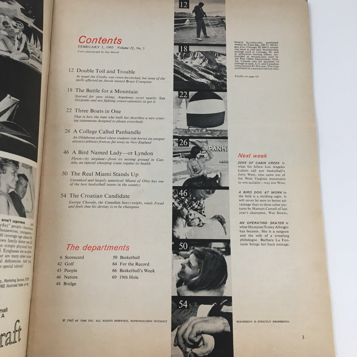 Contents page of Sports Illustrated Magazine, February 1, 1965, listing articles including the feature on George Chuvalo and Floyd Patterson's boxing match, along with additional sections and topics covered in this issue.