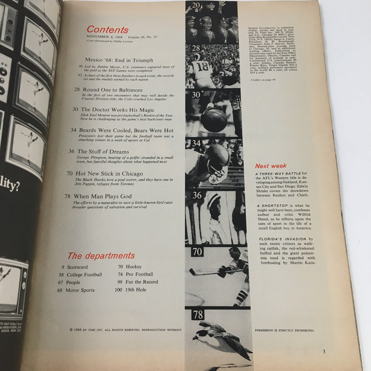 Contents page of Sports Illustrated Magazine, November 4, 1968, listing articles including profiles on Earl 'The Pearl' Monroe and other sports highlights, presenting a snapshot of sports journalism from that era.