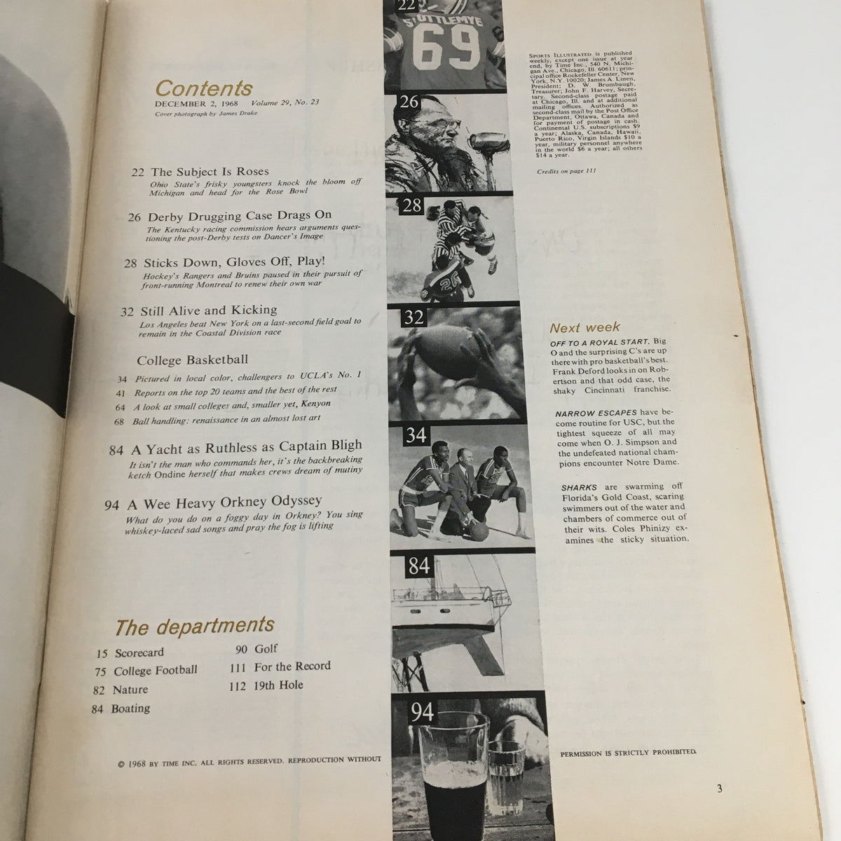 Interior page of Sports Illustrated Magazine December 2 1968 displaying the contents, including a section on college basketball and articles about various sports.