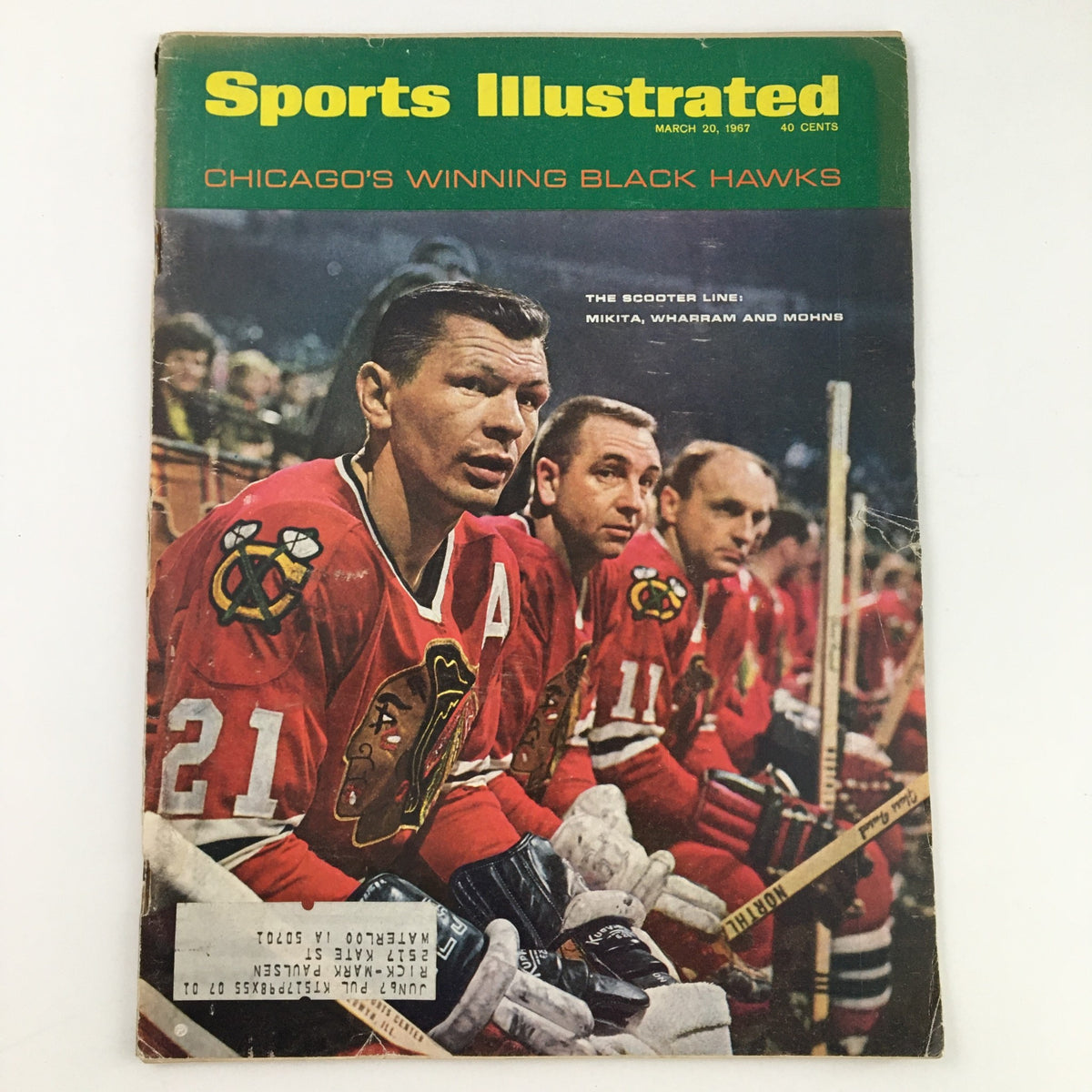 Cover of Sports Illustrated Magazine March 20 1967 featuring the iconic 'Scooter Line' with Mikita, Wharram, and Mohns, showcasing Chicago Black Hawks players in red jerseys.