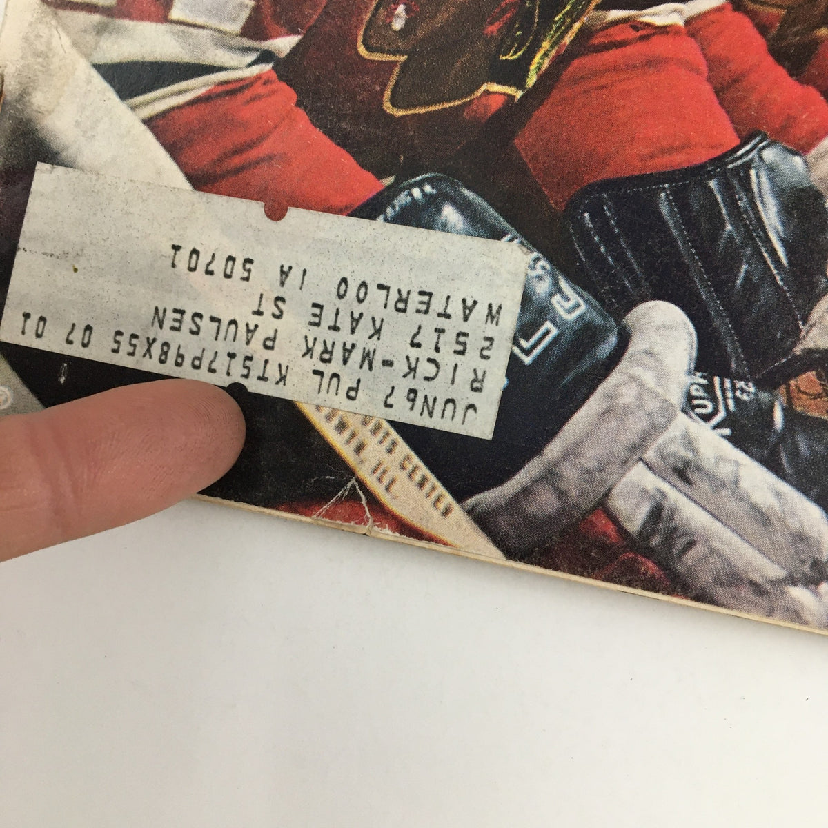 Close-up of the address label on the cover of Sports Illustrated Magazine March 20 1967, revealing details of a previous owner and vintage magazine preservation.