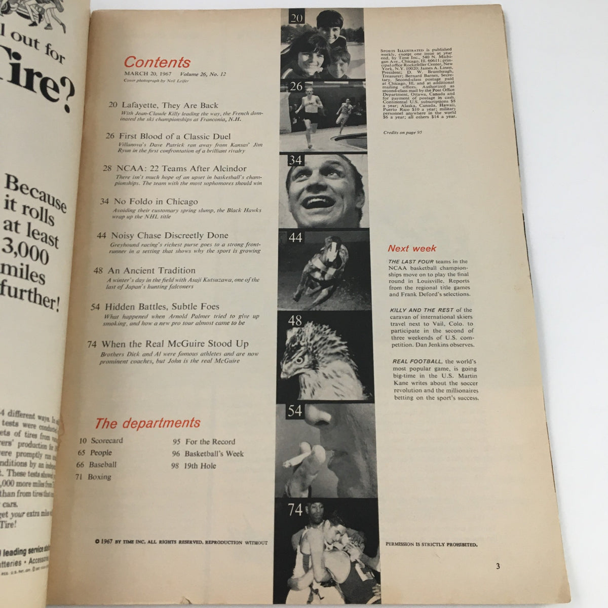 Contents page of Sports Illustrated Magazine March 20 1967, illustrating articles and features including the Scooter Line with Mikita, Wharram & Mohns.