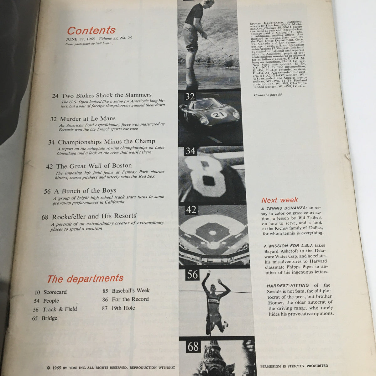 Contents page of Sports Illustrated Magazine June 28 1965 highlighting various articles including U.S. Open and Harvard Coach Harry Parker.