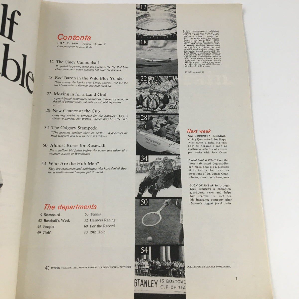 Contents page of Sports Illustrated Magazine July 13, 1970, listing featured articles, including highlights from the era's sports culture.