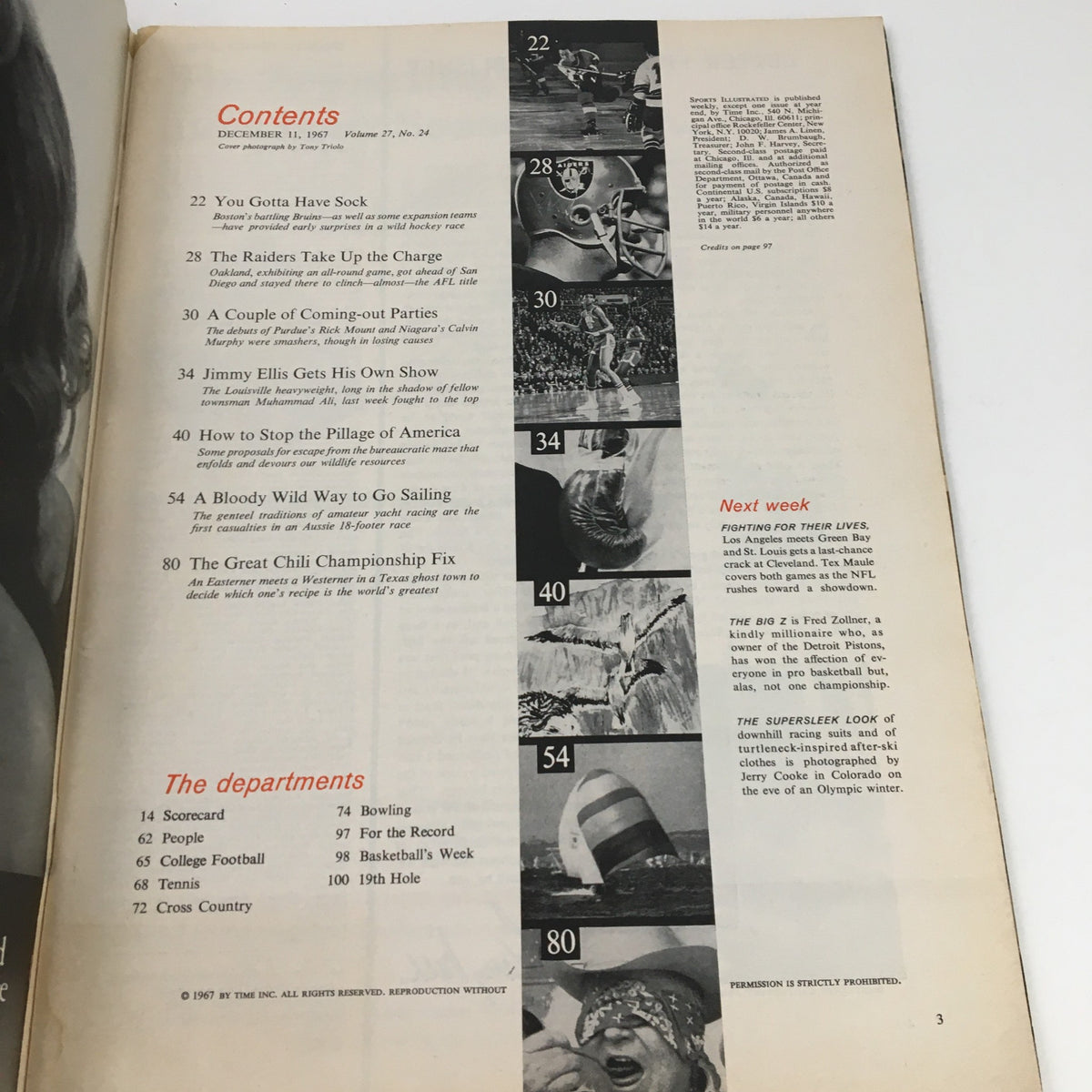 Contents page from Sports Illustrated Magazine December 11 1967 featuring articles and highlights including Bobby Orr of the Bruins.