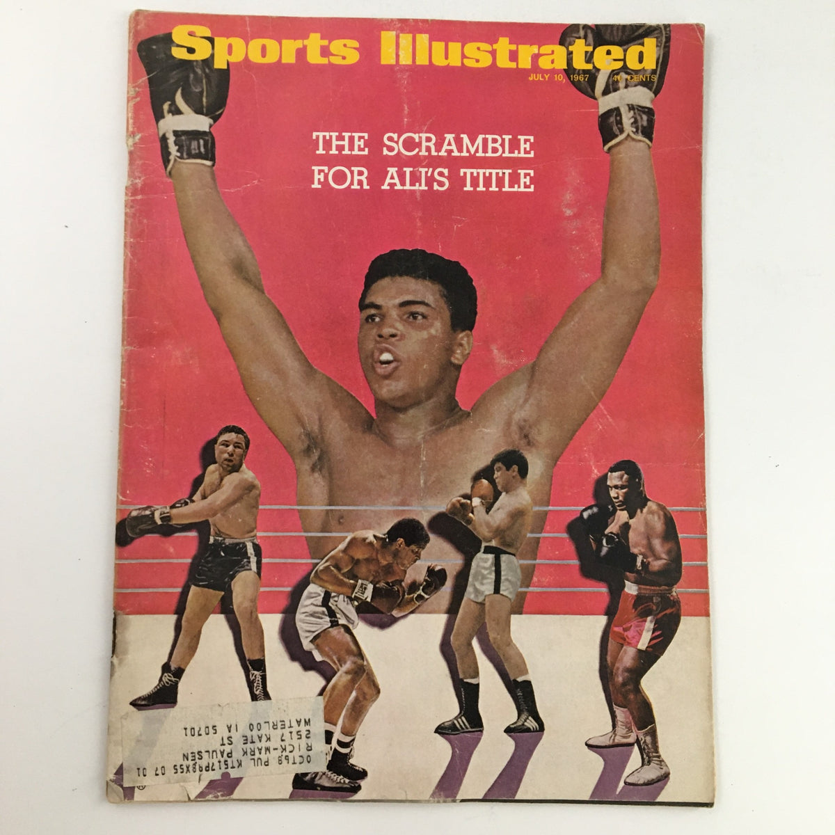 Cover of Sports Illustrated Magazine dated July 10, 1967, featuring the title 'The Scramble for Ali's Title'. The cover showcases Muhammad Ali with his arms raised, surrounded by action shots of boxing.