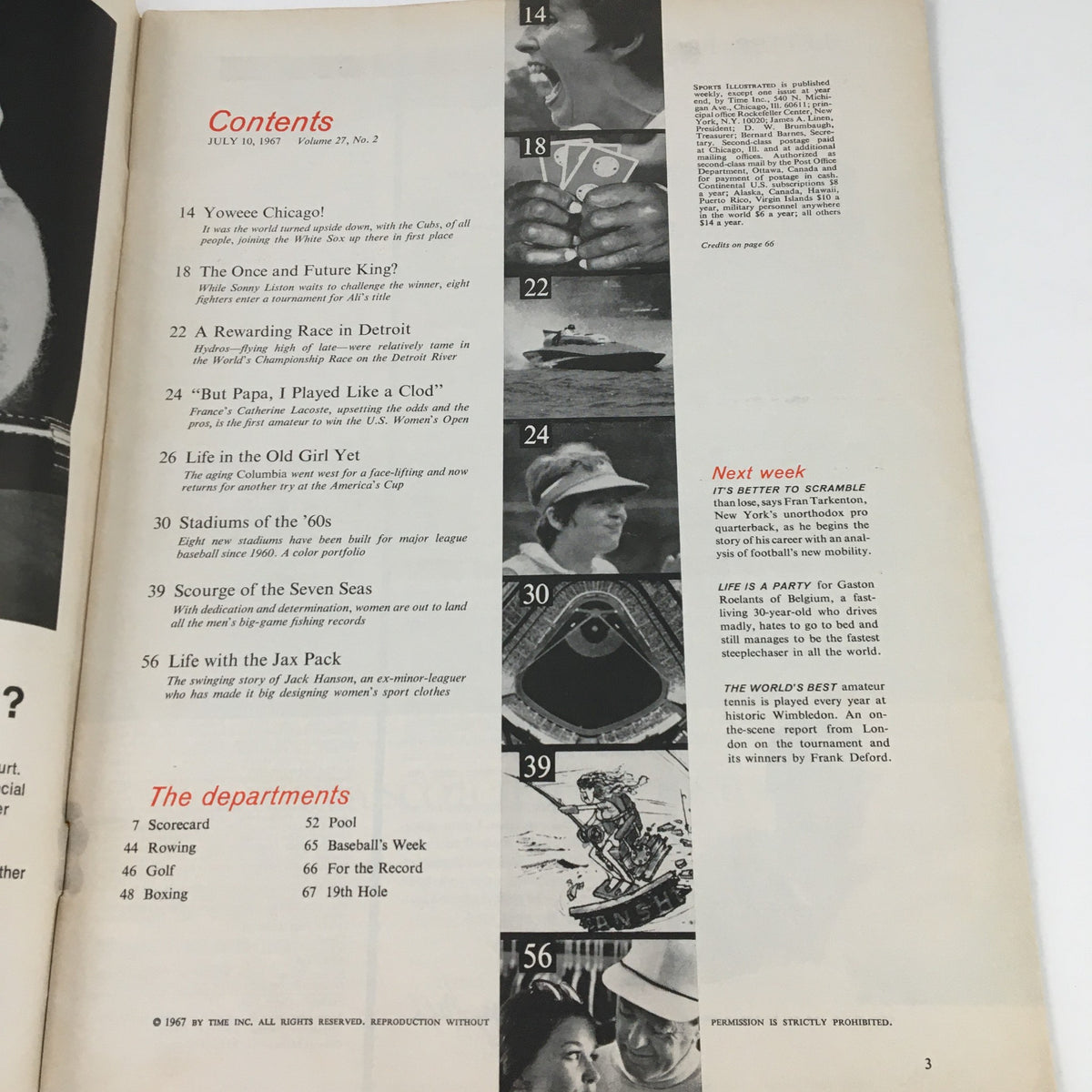 Contents page of Sports Illustrated Magazine dated July 10, 1967, featuring articles on various sports topics including Muhammad Ali's title scramble. The page includes section titles, page numbers, and imagery associated with sporting events.