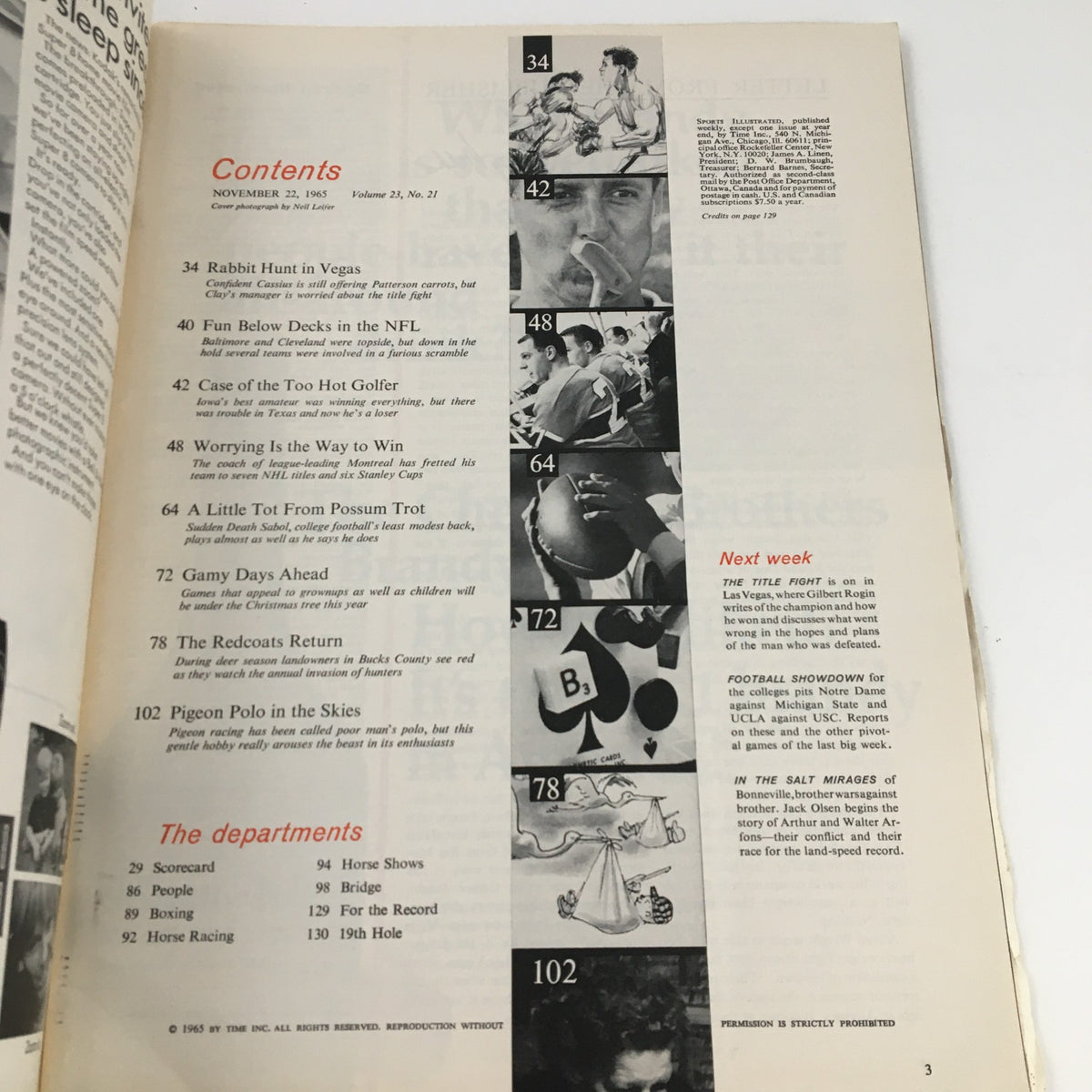 Contents page of Sports Illustrated Magazine November 22, 1965, detailing articles about sports events and features, emphasizing the era's rich sporting culture.