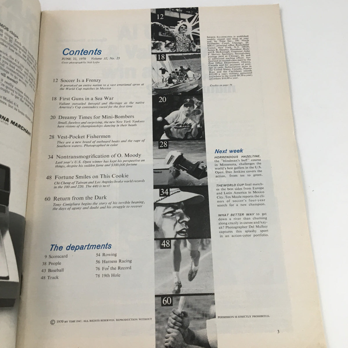 Contents page of Sports Illustrated Magazine, June 22, 1970, detailing articles including 'First Guns in a Sea War' and 'Return from the Dark,' reflecting key sports stories of the era.