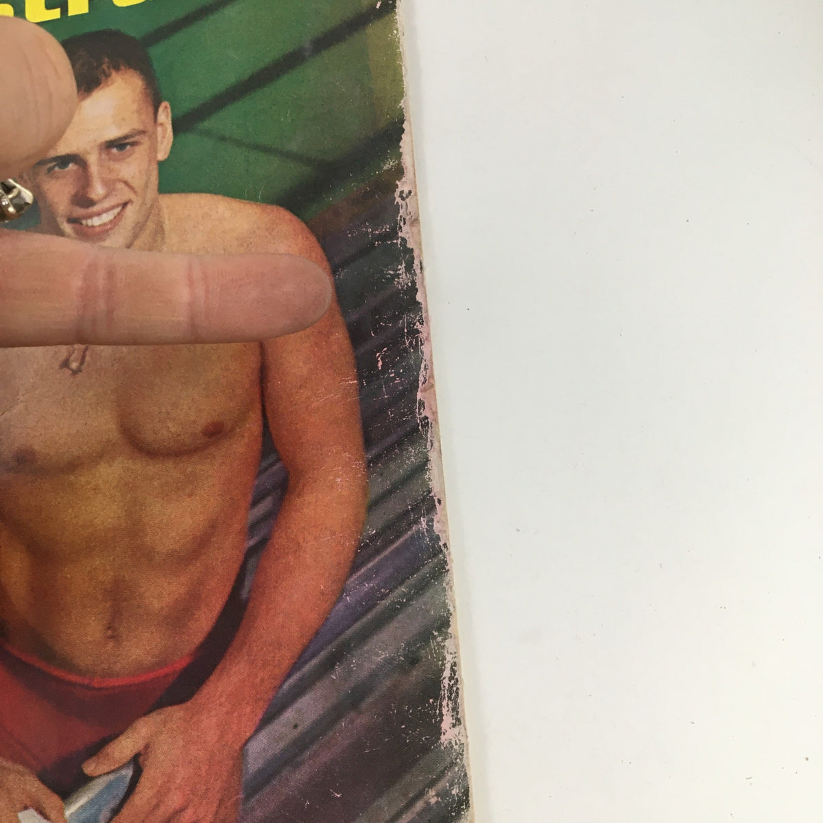 Close-up detail of the cover of Sports Illustrated Magazine January 29, 1962, emphasizing Chet Jastremski of Indiana with a hand gesture.