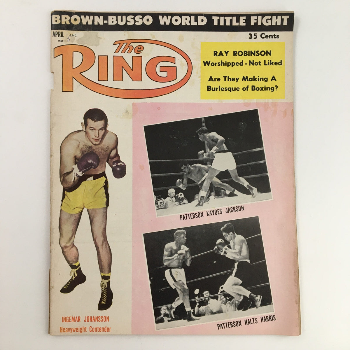 The Ring Boxing Magazine April 1959 featuring Ingemar Johansson as Heavyweight Contender and Ray Robinson discussed in an article. The cover displays colorful graphics with images of boxing action, highlighting significant fights.