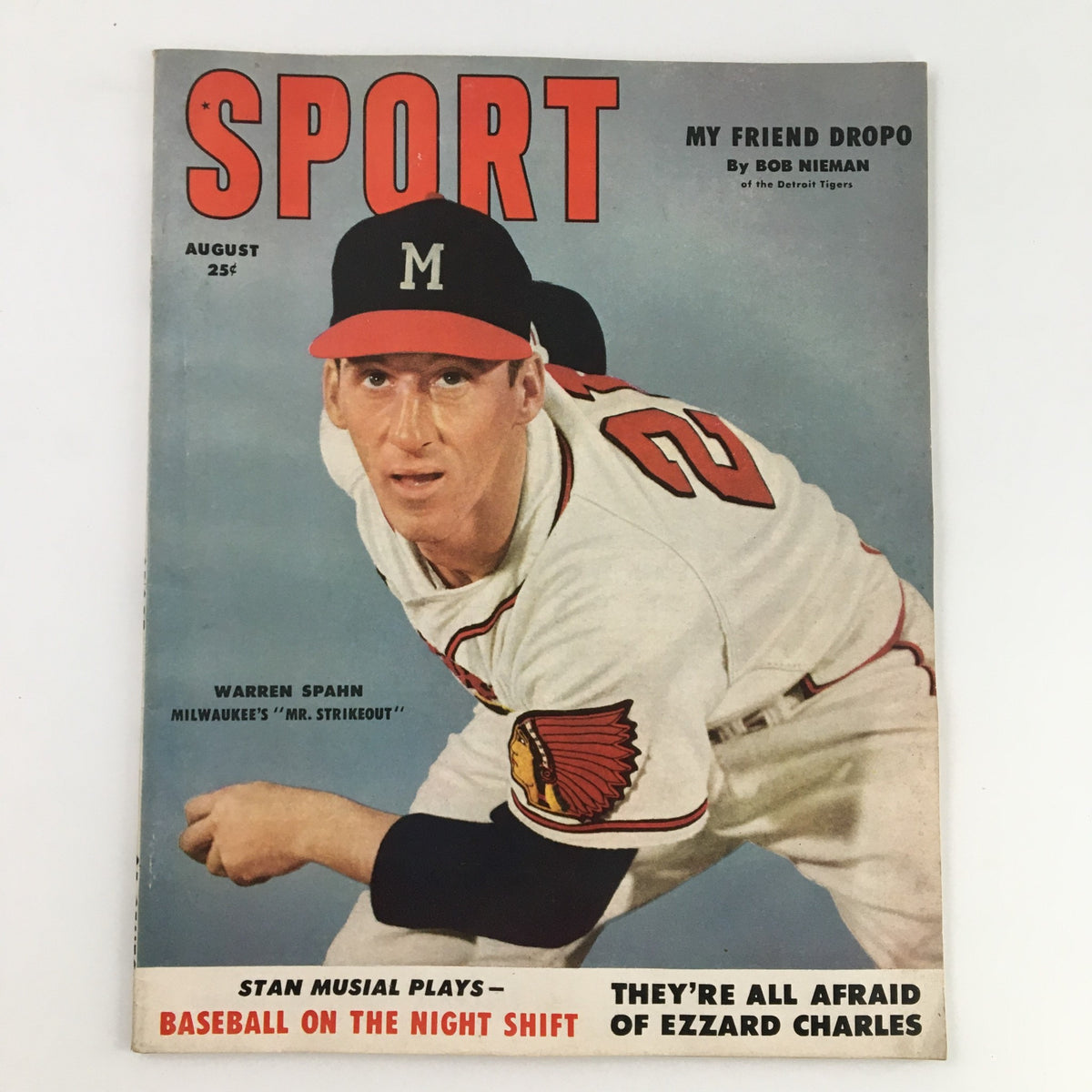 Cover of Sport Magazine August 1953 featuring Warren Spahn, Milwaukee's Mr. Strikeout, showcasing vintage baseball nostalgia and sports history.