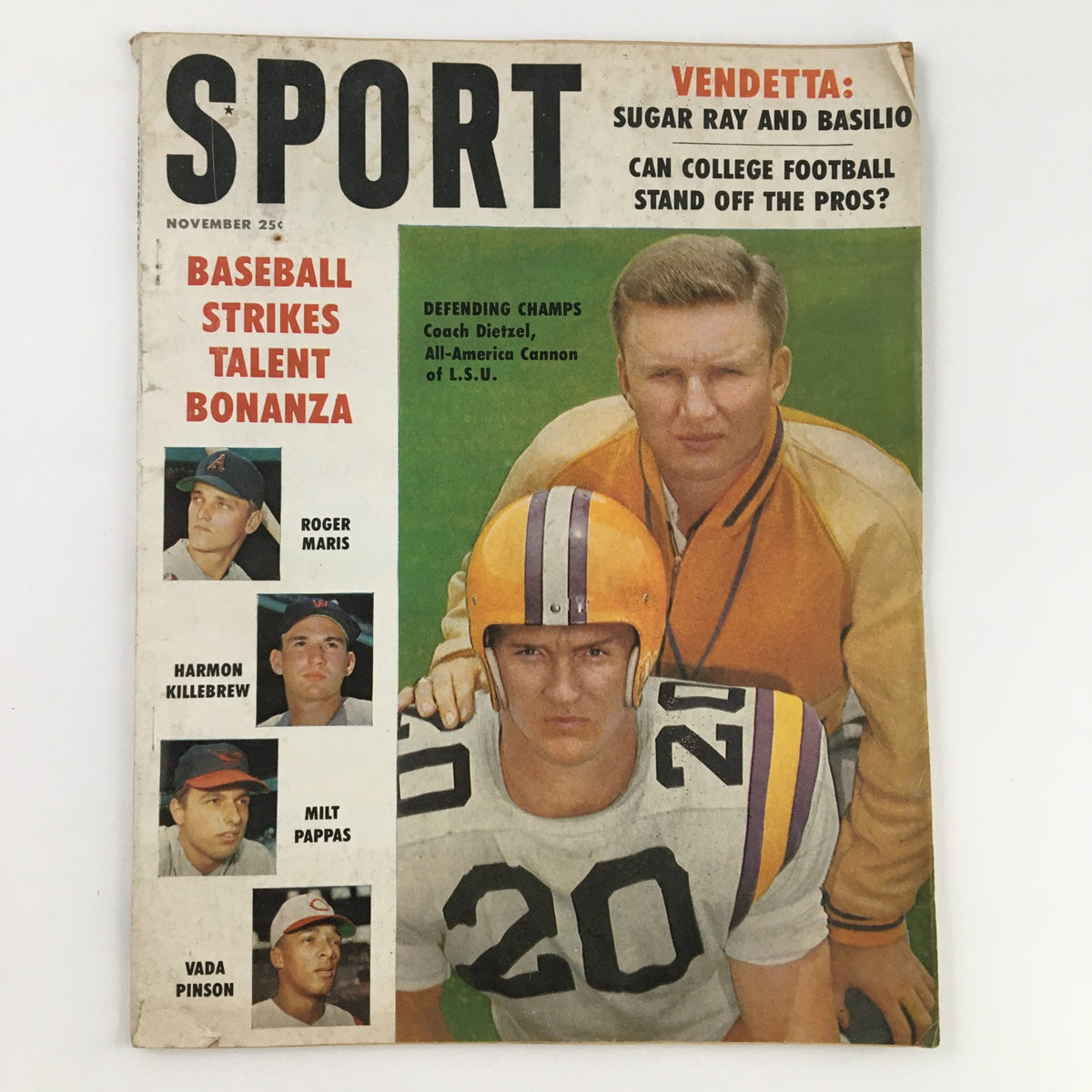 Sport Magazine November 1959 cover featuring Paul Dietzel, Milt Pappas, and Roger Maris, highlighting key themes in baseball and college football.