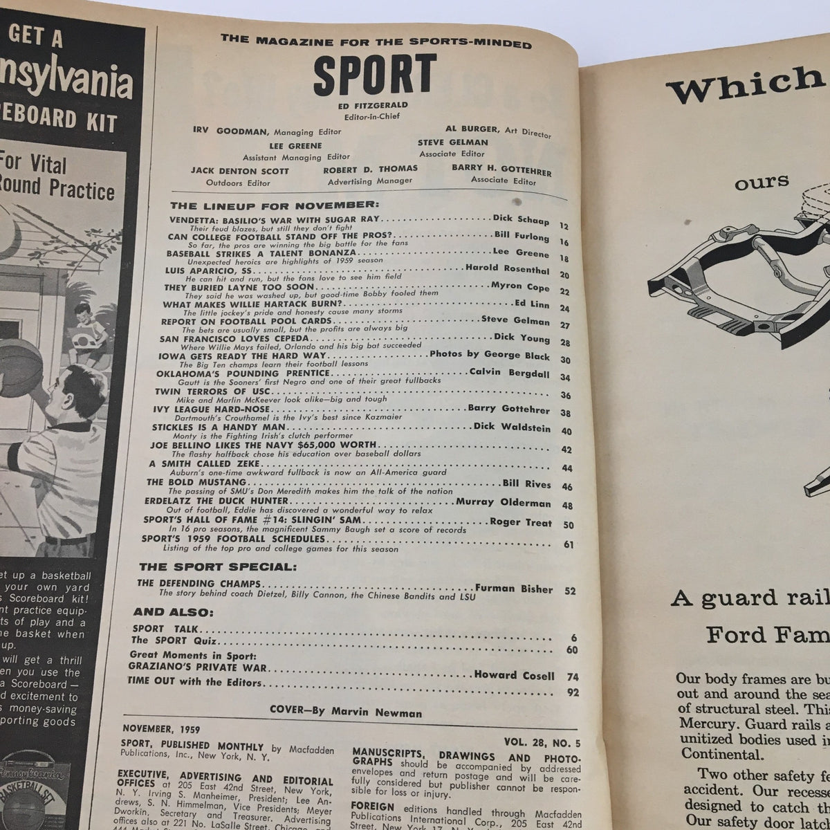 Interior page of Sport Magazine November 1959 showing the magazine's index and articles, emphasizing its focus on sports events and notable figures.