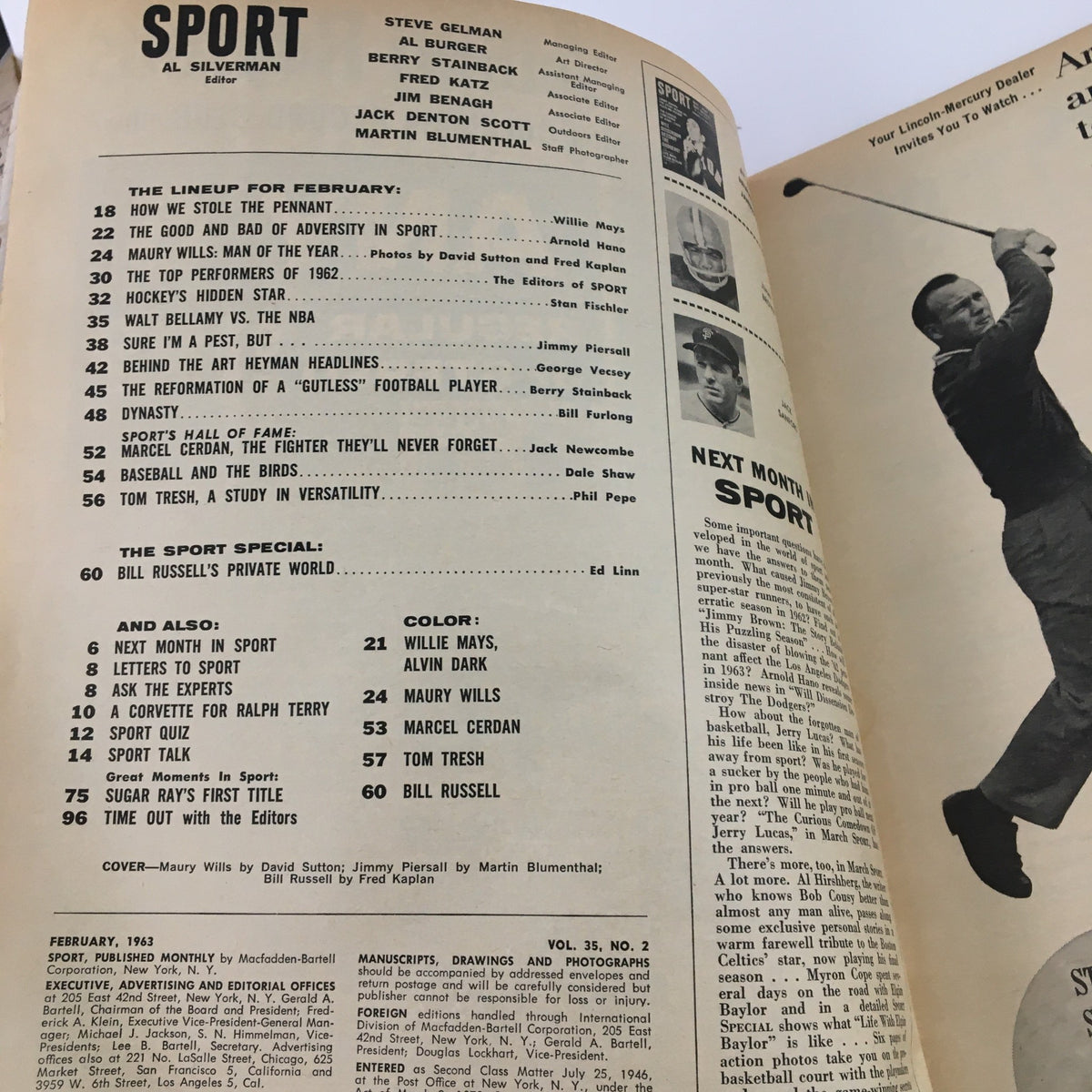 Interior page from the February 1963 Sport Magazine listing articles about famous athletes and sports topics. The contents include features on Maury Wills and Bill Russell, highlighting the magazine's historical significance in sports memorabilia.