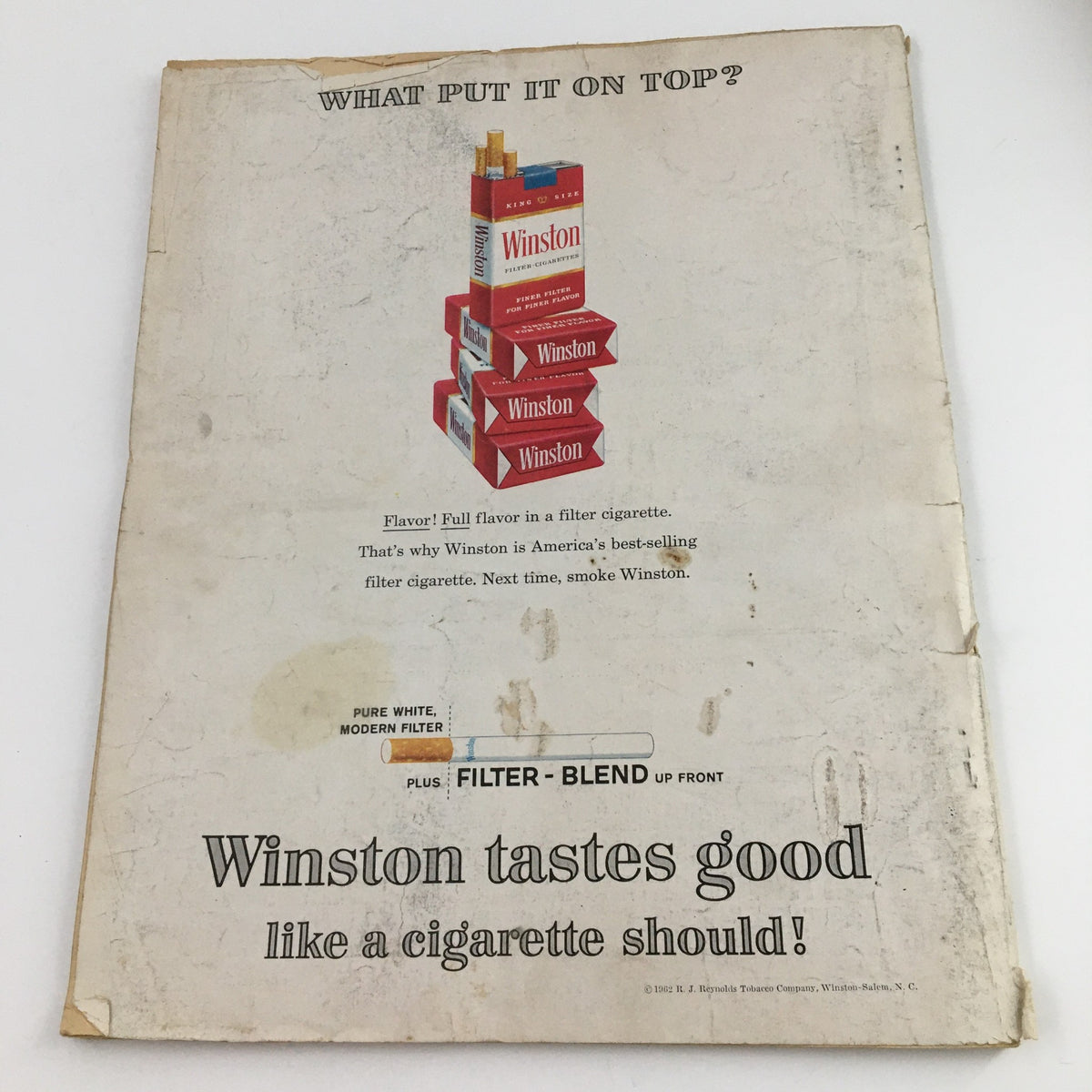 Back cover of the February 1963 Sport Magazine advertising Winston cigarettes. Displays the slogan 'Winston tastes good like a cigarette should!', representing advertising trends of the era.