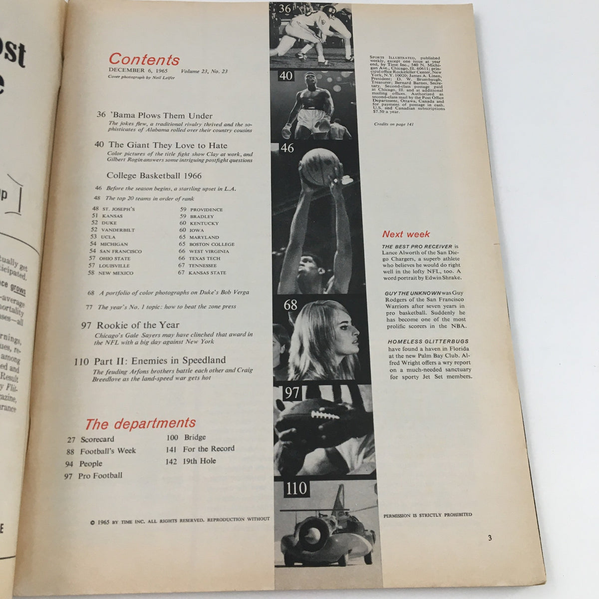 Inside page of Sports Illustrated Magazine, December 6, 1965, showing the contents section including basketball features and articles.