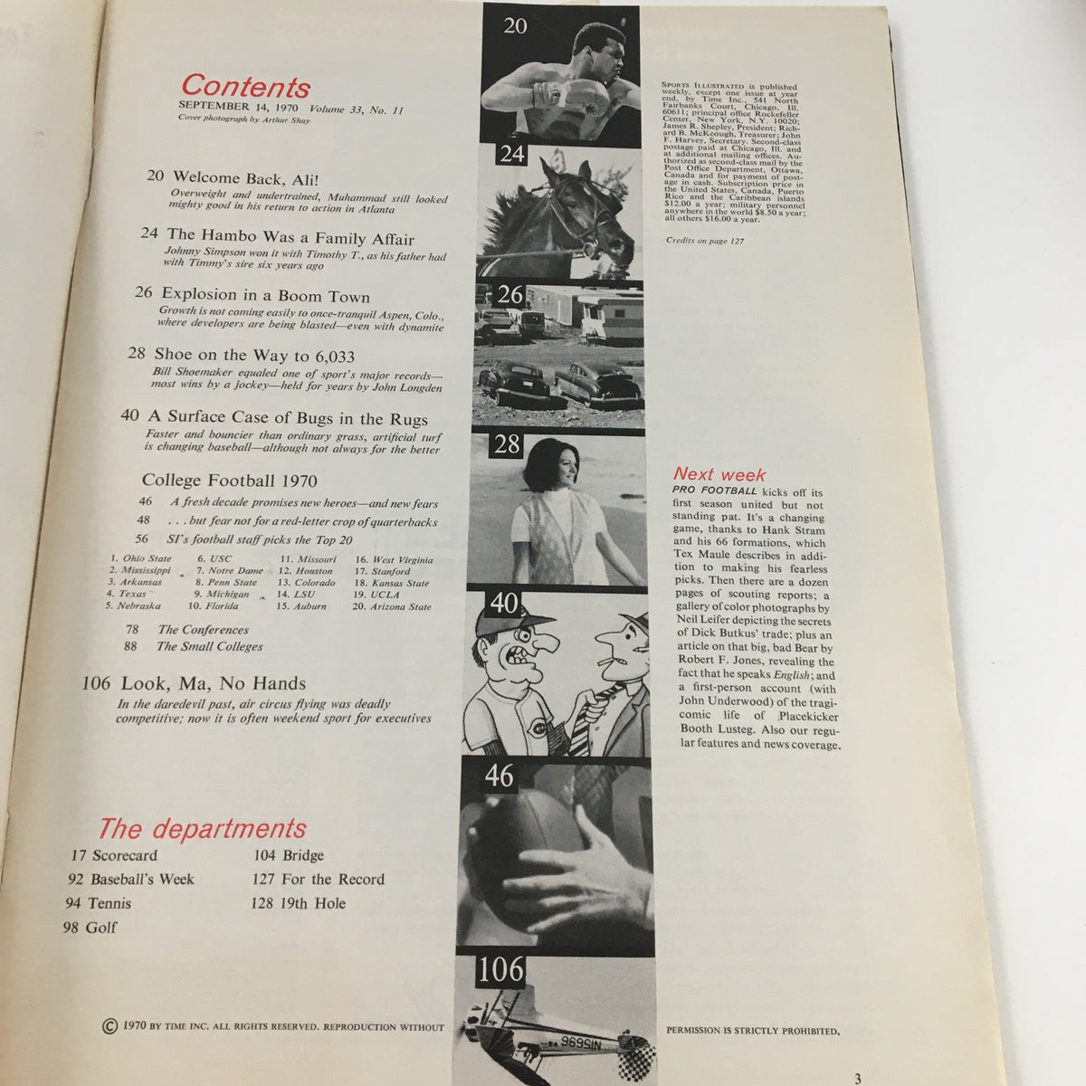 Table of contents from Sports Illustrated Magazine September 14 1970, listing article titles and topics including college football and cultural insights.