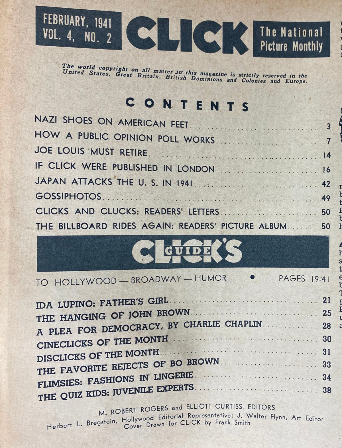 Table of Contents page from Click Magazine February 1941, Volume 4, Number 2, outlining feature articles including 'Ida Lupino: Father's Girl' and various cultural insights and political commentary, with contributions from notable editors.