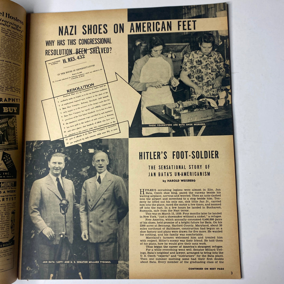 Page from Click Magazine February 1941, Volume 4, Number 2, titled 'Nazi Shoes on American Feet,' featuring a discussion on Congressional resolutions and American responses during World War II, illustrated with photographs and text.