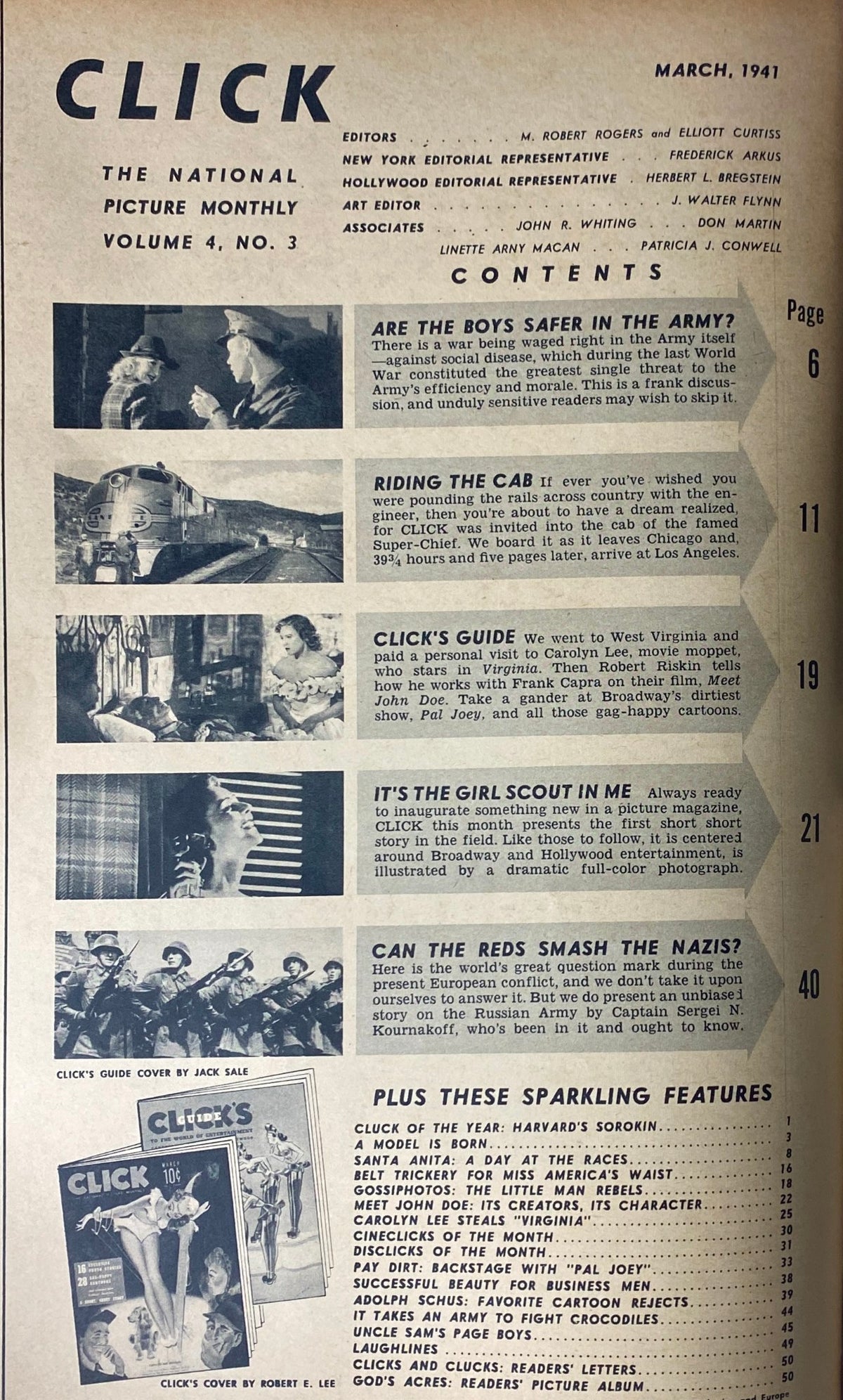 Table of Contents page from Click Magazine, March 1941, Volume 4, No. 3, outlining featured articles such as 'Are the Boys Safer in the Army?' and 'It's the Girl Scout in Me,' highlighting diverse topics from wartime analysis to fashion.