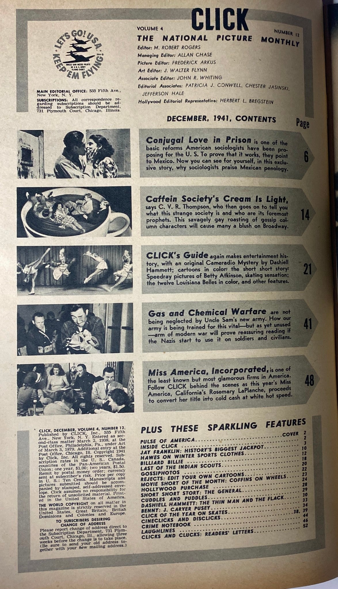 Inside contents page of Click Magazine December 1941 Vol. 4, No. 12 outlining feature articles including Conjugal Love in Prison and Caffein Society’s Cream Is Light.