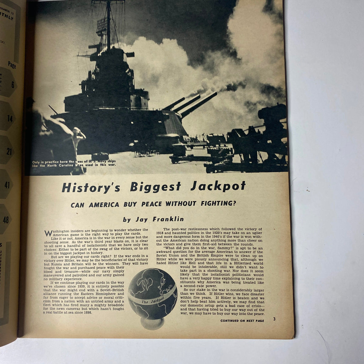Page 3 of Click Magazine December 1941 Vol. 4, No. 12 presenting an article titled 'History’s Biggest Jackpot' by Jay Franklin discussing economic perspectives.