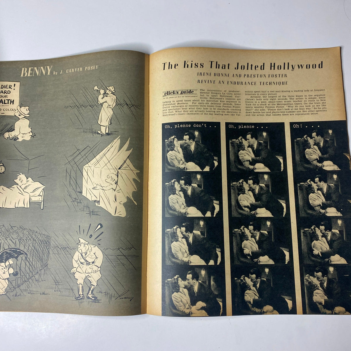 Illustrated article page from Click Magazine, October 1941, featuring the segment 'The Kiss That Jolted Hollywood', accompanied by humorous cartoons and visual storytelling.
