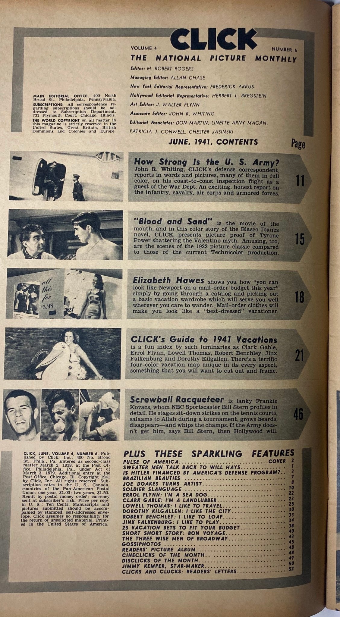 Click Magazine June 1941 Vol. 4, No. 6 contents page highlighting articles including 'How Strong is the U.S. Army?' and features on Elizabeth Hawes.