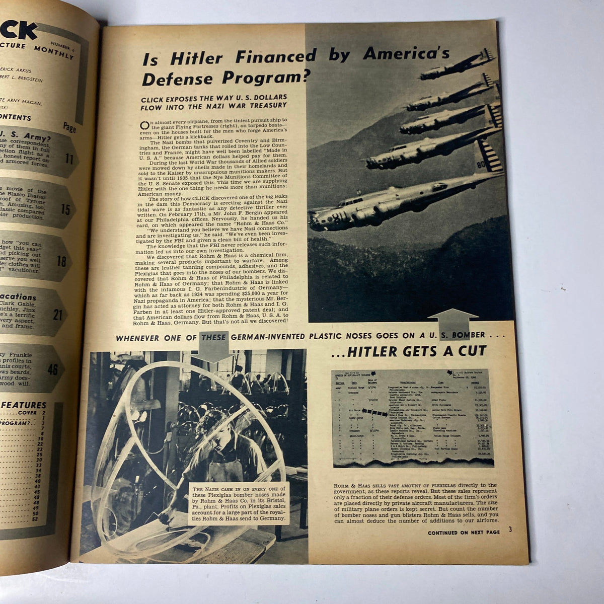 Article from Click Magazine June 1941 Vol. 4, No. 6 discussing financial ties during WWII with images of bombers, titled 'Is Hitler Financed by America's Defense Program?'