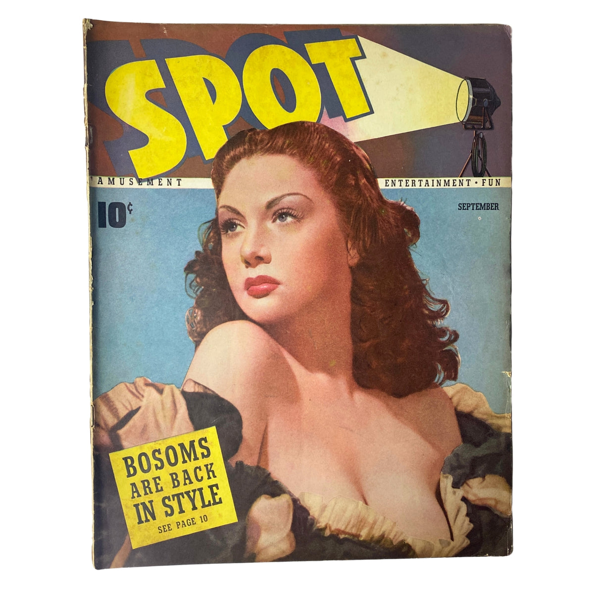 Cover of Spot Magazine September 1940 featuring the title 'Bosoms Are Back In Style', showcasing a glamorous pin-up model in a vintage style.