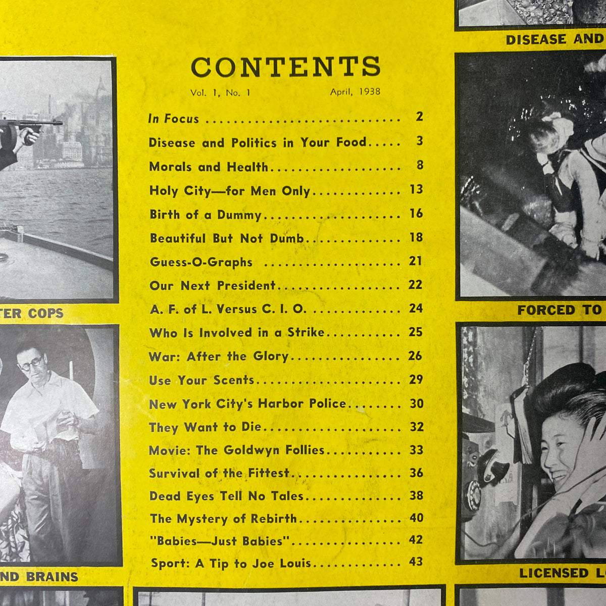 Focus Magazine April 1938 Vol 1 No. 1 'Birth of a Dummy' showing the table of contents featuring articles like 'Disease and Politics in Your Food' and 'Morals and Health.'