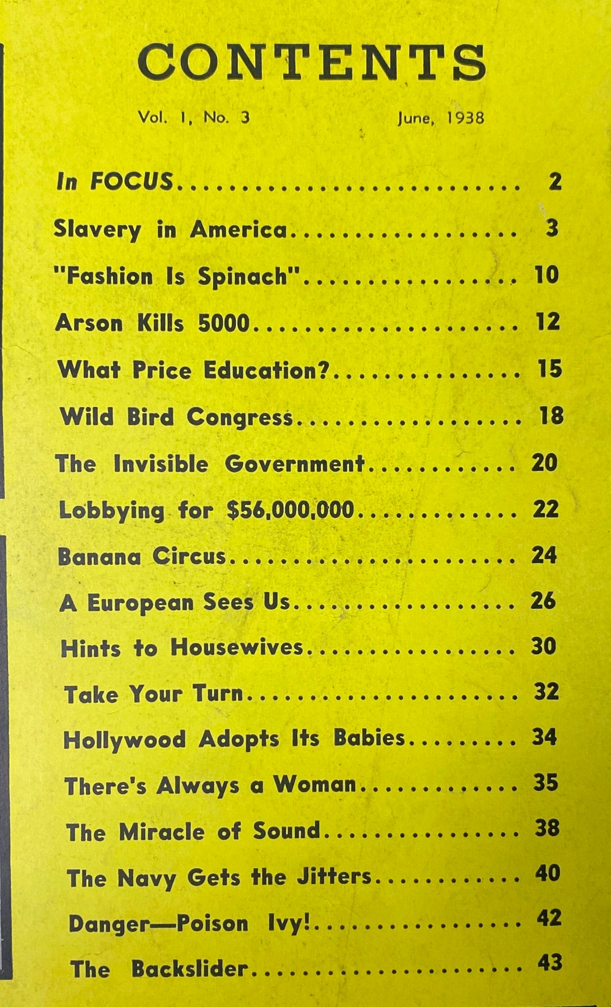 Contents page of Focus Magazine June 1938, Vol. 1 No. 3, featuring articles including 'Slavery in America' and 'Fashion Is Spinach'.