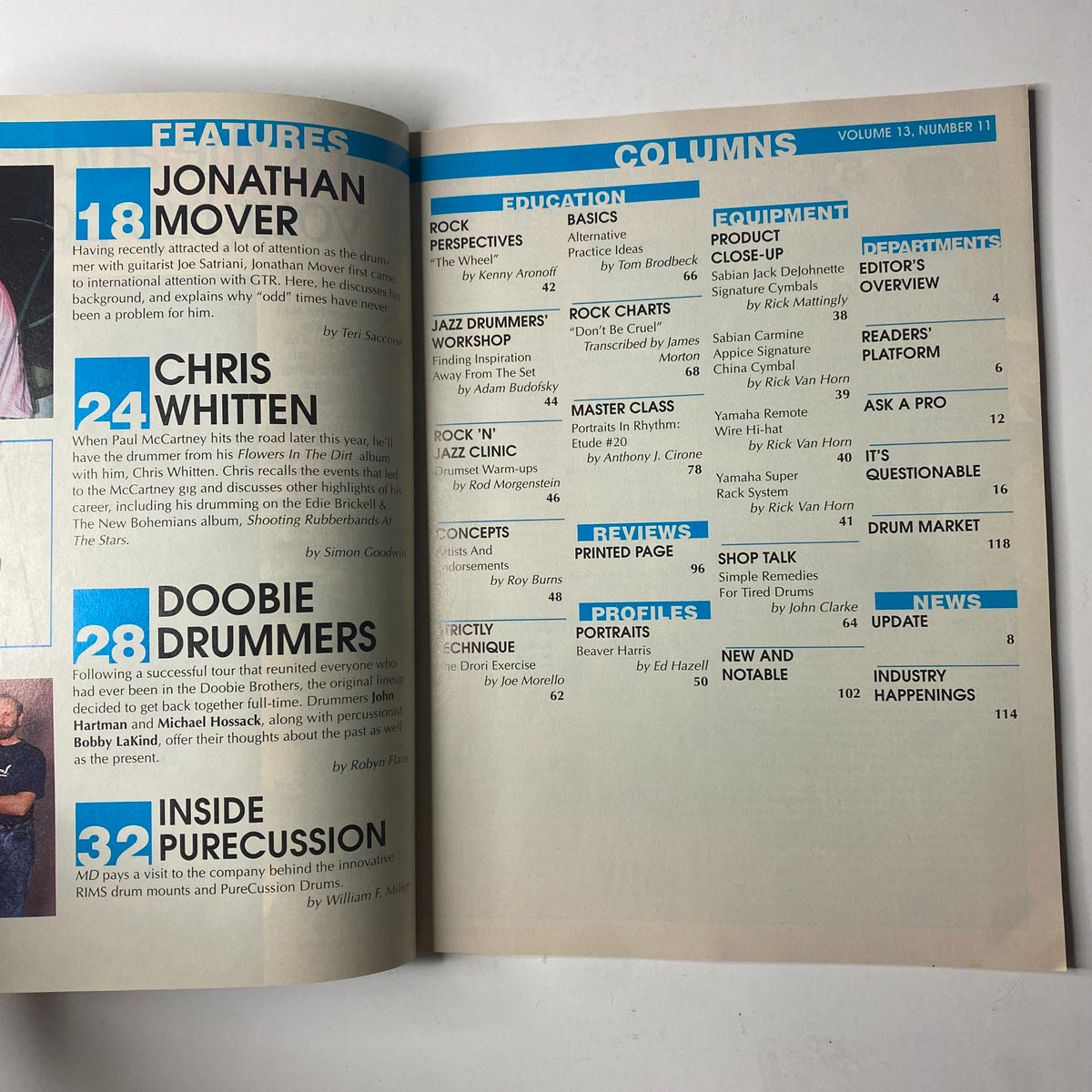 Interior page from Modern Drummer Magazine November 1989 listing features and columns, including Jonathan Mover, Chris Whitten, and Doobie Drummers.