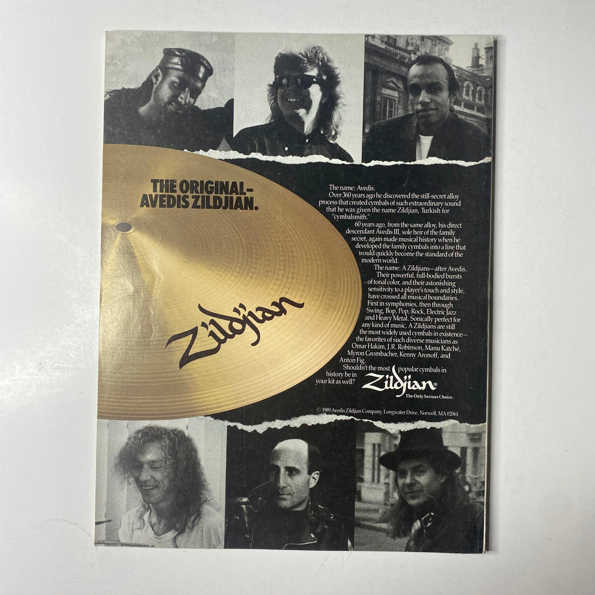 Modern Drummer Magazine November 1989 advertisement for Zildjian cymbals with images of notable drummers and a signature Zildjian cymbal.
