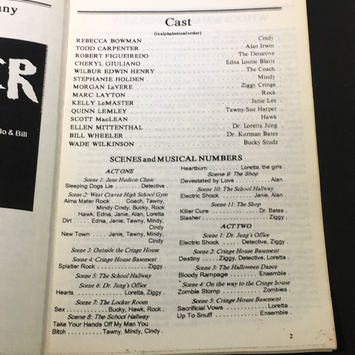 VTG 1989 Wings Theatre Company Presents Slasher cast list page showcasing the names of actors including Rebecca Bowman and Todd Carpenter, along with scene descriptions.