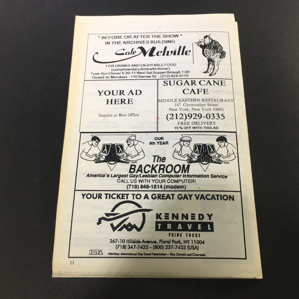 Advertisement layout featuring Cafe Melville and Sugar Cane Café, promoting local dining options and services, connected to the VTG 1989 Wings Theatre Company Presents Slasher Directed by Jonathan Silver.