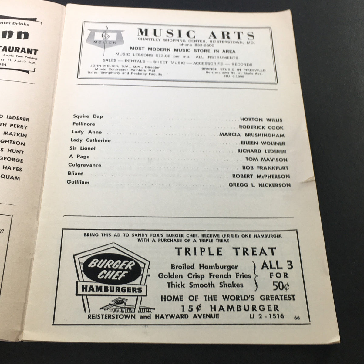 Vintage advertisement from the program for Music Arts, a record store in the area, featured in the Painters Mill Music Fair program dated July 14, 1966.