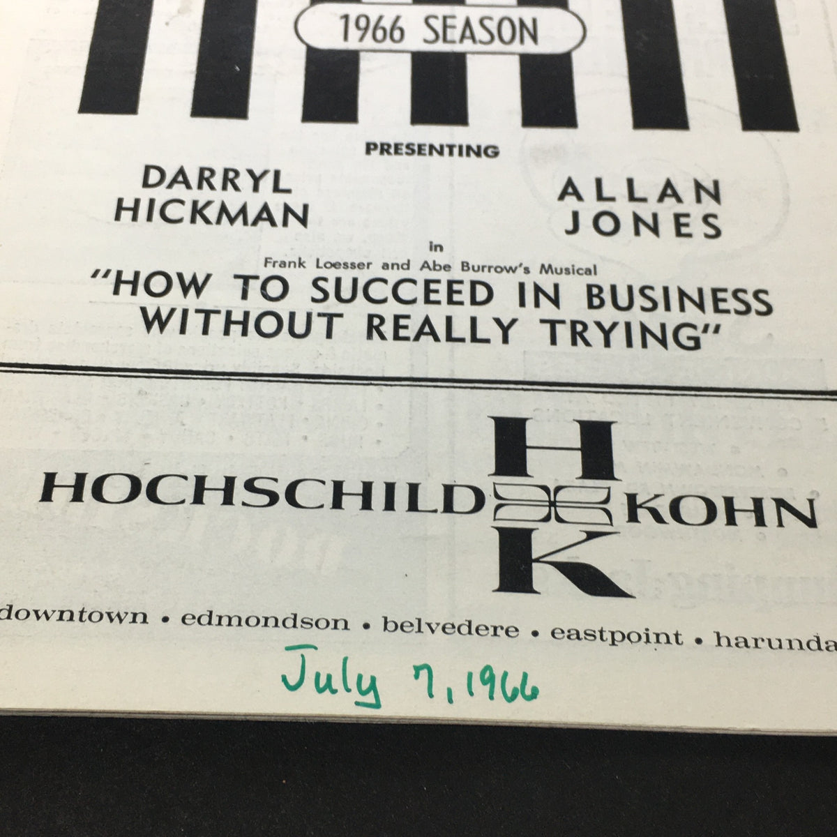Vintage program detail for 'How to Succeed in Business Without Really Trying' featuring Darryl Hickman and Allan Jones at the Painters Mill Music Fair on July 7, 1966.